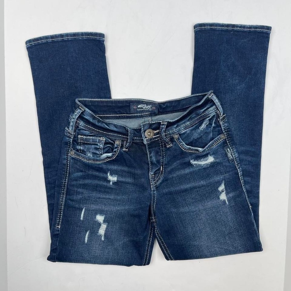Y2K Embroidered‎ Distressed Silver Jeans Capris Blue Women's 24 Faded Western